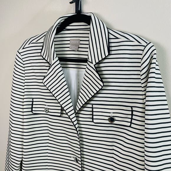 NEW Chicos Size 2 US L Striped Blazer Jacket White Black Nautical Career Stretch - Picture 4 of 10